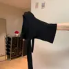 Top de canalé de cuello en V de puro deseo estilo francés para mujer, otoño e invierno, terciopelo Andy, corte ajustado, mangas divididas, camiseta básica de alta gama