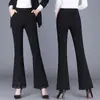 Calça Flare de Renda para Mulheres 2025 Nova Primavera e Outono Cintura Alta Emagrecedora Petite Cropped Flare Dividido com Efeito Drapeado