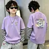 Camiseta de algodón 100% pura para niño, nueva de 2026, ropa infantil, imitación de dos piezas, manga larga, rayas, retazos, para primavera y otoño