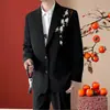 Conjunto de Terno Bordado com Magnólia Branca Estilo Nacional Retrô para Homens, Adequado para Casamentos, Noivados e Banquetes, Inclui Terno, Camisa e Calça