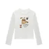 Camiseta feminina branca de gola redonda, ombro normal, corte justo, manga longa, novo estilo de verão com estampa de gato de desenho animado, top jovem e versátil