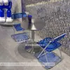 Mesa e cadeira azul Klein para loja de chá com leite da moda combinação de mesa redonda de aço inoxidável cadeira dobrável para lanchonete cafeteria