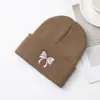 Gorro de Punto Bordado con Lazo, Gorro de Lana con Puño Estilo Coreano, Gorro de Punto Cálido Versátil para Otoño e Invierno