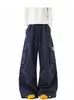 Pantalones Anchos Rectos Sueltos Pantalones Largos de Pareja Retro Americano Cordón Plisado Múltiples Bolsillos Pantalones Cargo Unisex Otoño Marca de Moda