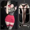 Lencería Sexy con Encaje, Empalme Rojo y Negro, Falda Bodycon, Tentación Modesta Transparente, Lazo, Bustier, Atuendo Maduro