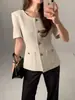 Os tamanhos foram atualizados. Jaqueta Curta Elegante, Versátil, de Botão Único, Acinturada, Emagrecedora, de Manga Curta, Estilo Coreano, Inspirada em Chanel