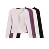 25263-26 Primavera Estilo Coreano Encaje Patchwork Hueco Manga Larga Suéter Camiseta Ajustado Cuello en V Top Liso
