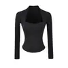 Top de Parches Espina de Pescado Inspirado en el Diseño con Copas, Camiseta de Manga Larga, Estilo Corto Sexy Ajustado para Primavera, Camiseta Básica Hot Girl para Mujer