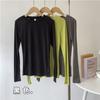 Camiseta de Manga Larga con Cuello Redondo y Borde Deshilachado Suave y Ligeramente Translúcida para Mujer, Elegante Color Sólido Estilo Delgado para Usar por Dentro o por Fuera para Mujer