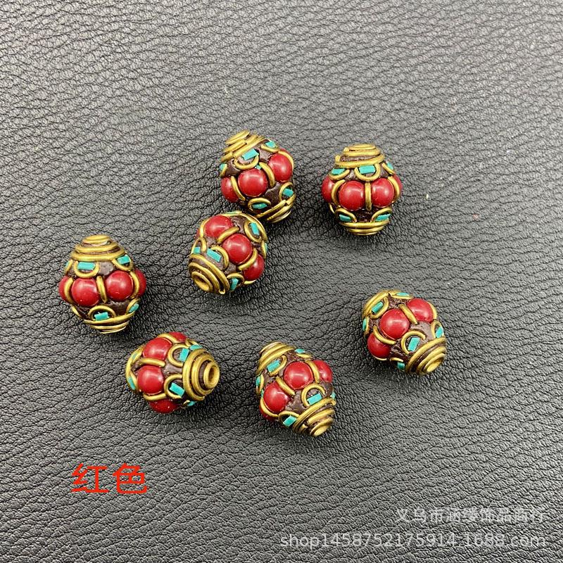 DIY饰品配件批发尼泊尔灯笼铜珠手工镶嵌蓝绿红松石藏饰隔珠散
