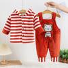 Conjunto de duas peças de calça com suspensório acolchoada de algodão e manga longa para bebê, meninos e meninas, 0-3 anos, outono e inverno, calça com suspensório de desenho animado, conjunto de duas peças