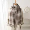 Cachecol Quente Xadrez Linha Artística Cashmere Sintético Estilo Coreano Moda Outono e Inverno Cachecol Versátil com Franjas