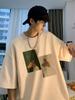 Camiseta de verano holgada de manga corta para hombre, estilo americano, estilo retro, negra, de media manga para adolescentes