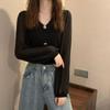 Primavera e Outono 2025 Novo Estilo Coreano Elegante Versátil Cor Sólida Manga Longa Fino Casaco Malha Feminina Costura Top