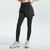 Calça esportiva falsa de duas peças feminina justa de secagem rápida calças treino yoga corrida fitness calças com buraco queimado cintura alta roupa externa que contrai a barriga