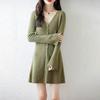 Vestido de Lana Delgado de Manga Larga con Cuello en V Profundo Estilo Americano para Mujer, Entallado en la Cintura, Adelgazante, Color Sólido, Tejido de Punto Corto Acampanado