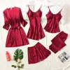 Lencería Sexy Popular Europea y Americana Liguero Sexy de Encaje Pantalones Cortos de Encaje Cárdigan Bata de Casa Conjunto de Cinco Piezas