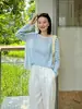 26 Camisa de Lino y Tencel para Mujer, Estilo Perezoso Rayas Bloques de Color, Protección Solar para Principios de Otoño, Top Holgado de Cuello Redondo 1513 Siyuan