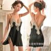 Ropa de Dormir Sexy de Encaje con Bordado, Escote en V Profundo y Abertura Lateral, para Mujer, Fina, de Otoño e Invierno, Ropa de Casa