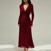 Novo Estilo de Comércio Exterior Elegante e Sexy Moda Slim-Fit Decote em V Profundo Franzido Cor Sólida Elegante Vestido de Noite Vestido de Manga Longa para Mulheres