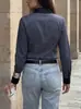 Camisa Feminina Transfronteiriça Europeia e Americana, Primavera e Outono, Gola Reversível, Listras Coloridas em Blocos, Manga Longa, Botões Frontais, Novo Estilo, Camisa Feminina Elegante de Corte Justo
