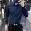 Camisa de manga larga de alta gama francesa, no planchar, antiarrugas, caída suave, para hombre, corte slim, elástica, color liso, camisa casual para otoño