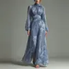 2026 Vestido Largo de Gasa Estilo Europeo y Americano con Estampado Floral Verde para Venta Transfronteriza en Amazon Cintura Plisada Ceñida Dobladillo Amplio Vestido Fluido