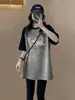 Camiseta de Manga Corta Gruesa con Bloques de Color y Forro Polar Cepillado para Mujer, Moda Casual Suelta de Longitud Media para Primavera y Verano Combinada con un Top con Estampado de Tiburón