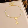 Moda Estilo Coreano Corrente Simples de Pérolas Banhada a Ouro Pingente de Estrela do Mar Concha Golfinho Pingente de Franja Tornozeleira de Aço Inoxidável
