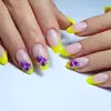 24 Piezas de Uñas Portátiles con Forma de Almendra en Amarillo y Morado con Diseño Irregular de Flor Francesa, Uñas Postizas Removibles, Parches de Uñas