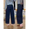 Calça Jeans Wide Leg Azul Escuro de Nove Pontos para Mulheres 2026 Nova Coleção Primavera Tamanho Grande Solta Modeladora Elástica de Cintura Alta Reta
