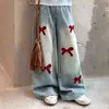 Estilo Coreano Estilo Academia Adorno de Encaje Cuello de Marinero Manga Larga Top Moda Tendencia Individualista Jeans Chicas Conjunto de Dos Piezas