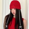 Gorro de lana de punto hueco con lazo y cadena de perlas, diseño de nicho, hecho a mano, para mujer, con forma de bolso y cabeza, gorro de melón con cara pequeña.