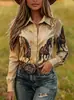 AliExpress Amazon Moda de Primavera y Otoño Transfronteriza Tendencia Camisa de Manga Larga para Mujer Estilo Vaquero Occidental Impresión 3D