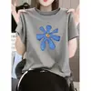 Camiseta Elegante de Gola Redonda, Ombro Normal, Manga Curta 100% Algodão para Mulheres, Moda Tendência Verão 2026, Top Azul Escuro