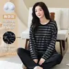 Pijama de Manga Larga para Mujer, Otoño, Cuello Redondo, Rayas, con Almohadillas en el Pecho, Delgado, Casual, Usable en Casa, Set de Ropa para el Hogar, Tallas Grandes