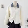 Novo Top de Tricô com Gola de Retalhos Jeans com Zíper Duplo da Amazon para Outono e Inverno, Solto e Estiloso, Emagrecedor e Moderno