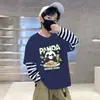 Camada de Base Infantil Masculina Estampa de Desenho Animado Algodão Puro Fina Camiseta Estilo Coreano Listrada Elegante Gola Redonda Manga Longa