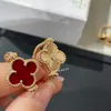 Nuevo Anillo de Trébol de Cuatro Hojas Reversible de Doble Cara 18k Oro Rosa Perla Gris Calcedonia Morada Grabado Láser de Platino con Diamantes