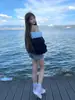 Sudadera Azul Marino de Hombros Descubiertos Estilo Coreano de Moda para Mujer, Nuevo Top de Manga Larga con Ribete de Encaje Nicho Otoño 2025