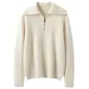 Suéter de Cashmere Feminino Costurado com Gola Alta e Zíper Meio, Lapela Grossa, Camada Interna, Tricô Quente, Camada de Base Solta em Tricô