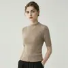 Suéter base para mujer, lavable a máquina, sin costuras, cuello medio alto, manga corta, corte ajustado, delgado, tipo playera de punto, tejido