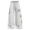 Calça Solta com Estampa de Letras Estilo Gótico Moda de Rua Hip-Hop Masculina Nicho Perna Larga Casual com Cordão Calça Jogger de Moletom