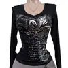 Estilo Ins Ajustado Color Sólido Estampado Pedrería Manga Larga Camiseta para Mujer Cuello en U Chica Popular Estilo Callejero Americano Retro