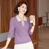 Camiseta feminina de manga longa com gola virada para mulheres de meia-idade e idosas, blusa básica estilosa e que rejuvenesce, vestuário feminino elegante