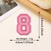 Patches de tecido com letras e números bordados em rosa glitter com adesivo termocolante, versáteis para decoração de roupas, bolsas e acessórios