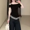 Sexy conjunto de dos piezas estilo coreano para mujer, camiseta de manga corta con tirante falso de hombros descubiertos, top de verano ajustado con retazos de encaje a cuadros de hombros descubiertos