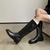 Botas de cavaleiro estilo ídolo, couro bovino integral, fivela pequena, 2026 Outono/Inverno, salto baixo grosso, bico redondo, couro genuíno, cano alto, botas longas femininas