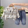 Conjunto de Otoño para Niños Nuevo Elegante Bebé Niños Primavera y Otoño Hermosa Camisa a Cuadros Manga Larga Conjunto de Tres Piezas Moderno Envío Directo