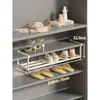 Armário de Sapatos Prateleira em Camadas Suporte de Sapatos Doméstico Sem Furos Economizador de Espaço Prateleira de Armazenamento Suspensa Rack de Sapatos Retrátil Preto Branco